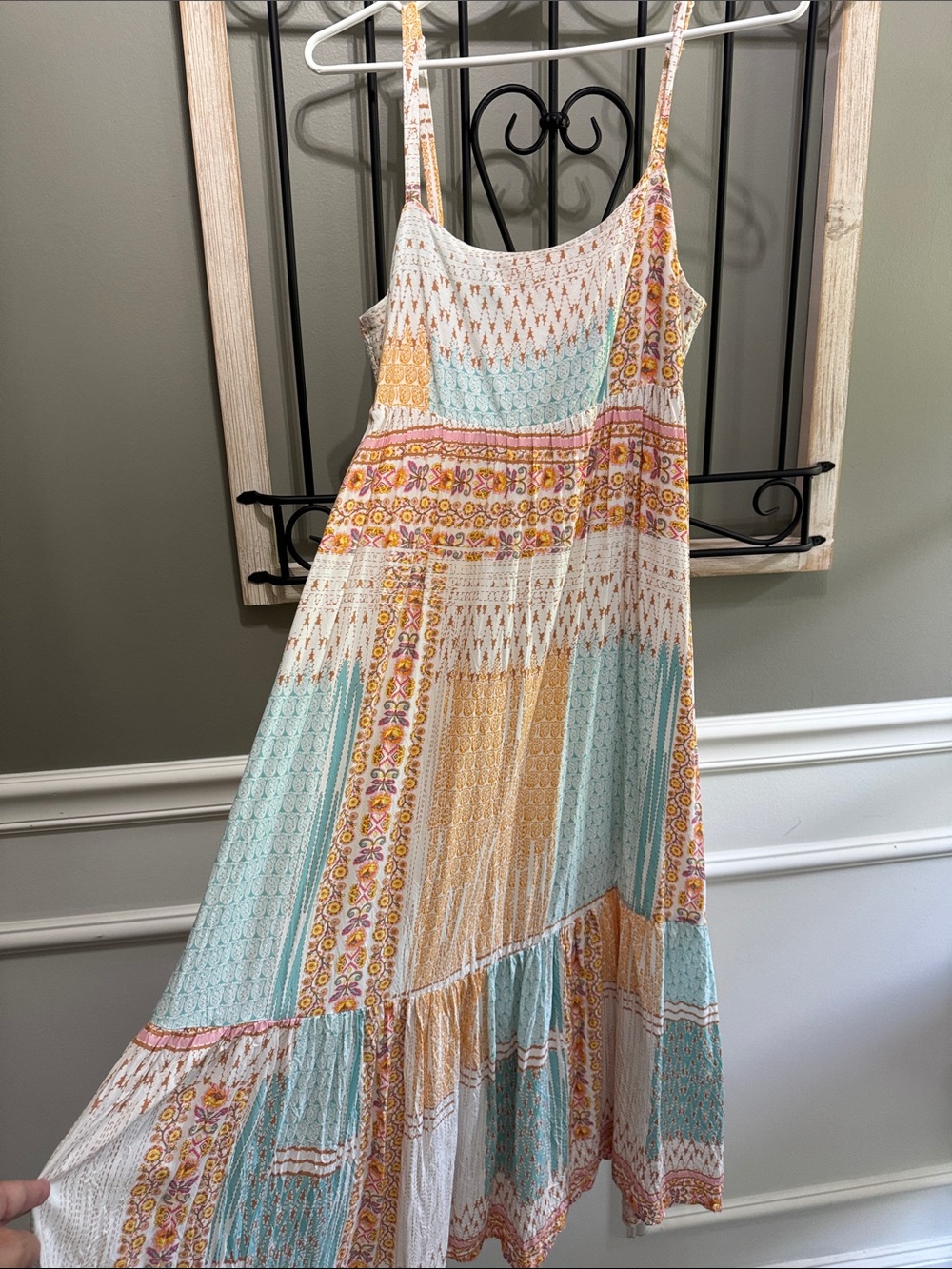 Millibon Patchwork Maxi Dress in Mint, Mustard & White L bohemian